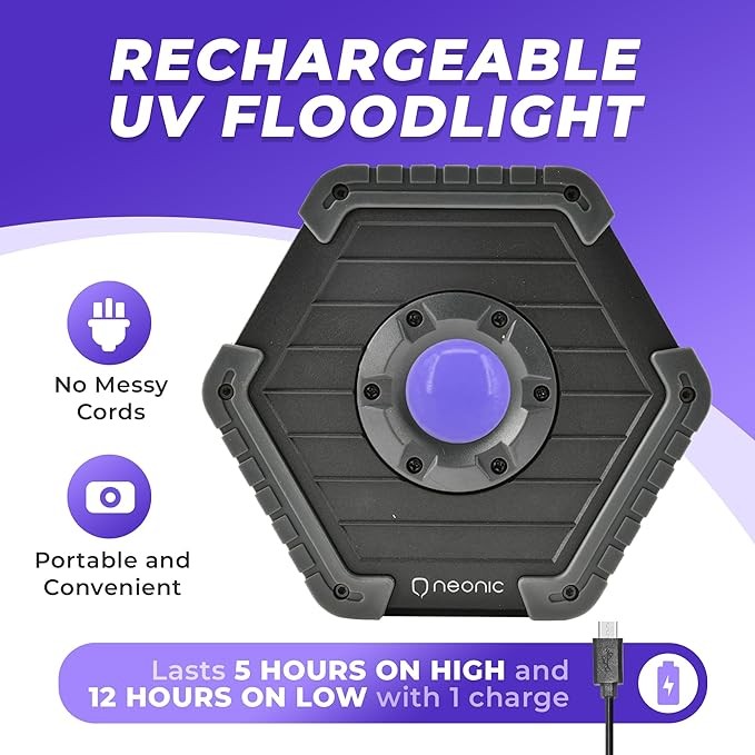 Neonic Rechargeable UV LED Black Light, Battery Operated Powered Blacklight, Cordless 395nm Ultraviolet Flood Light, Neon Glow Party, Blacklight Catfishing thumbnail 2