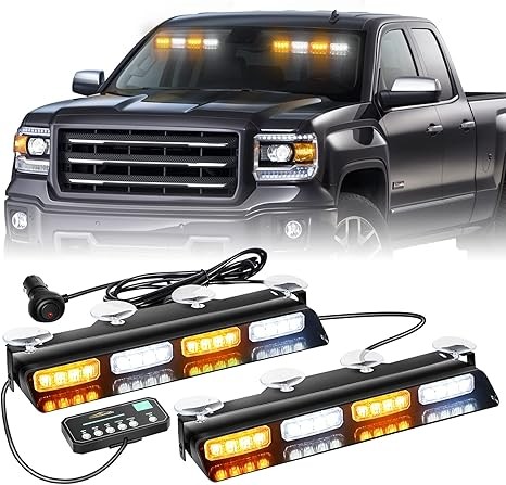 XRIDONSEN Emergency Dash Strobe Lights Safety Flashing Warning Hazard Interior Front/Rear Windshield Deck Split Light Bar w/Suction Cups for Construction Vehicles Trucks (2x14 inch, Amber White)