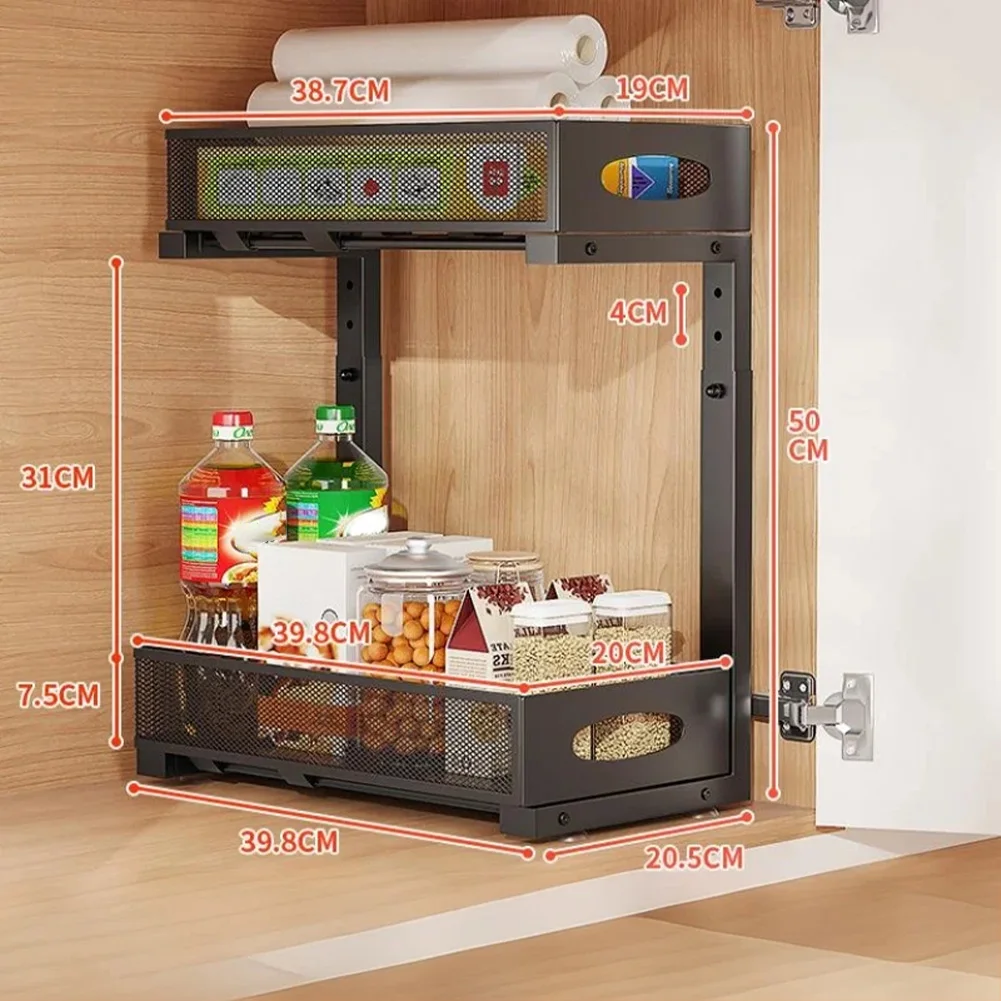 2 Tier Adjustable Height Under Sink Organizer with Sliding Drawer Pull Out Under Cabinet Kitchen Bathroom Organizer and Storage Black thumbnail 2