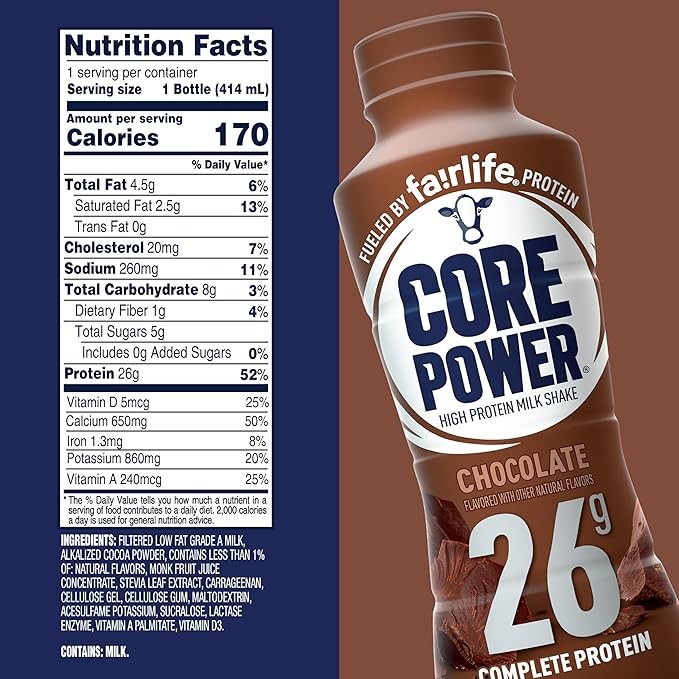 Core Power Protein Shake, Chocolate, 26g Bottle, 14oz, 12 Pack thumbnail 2