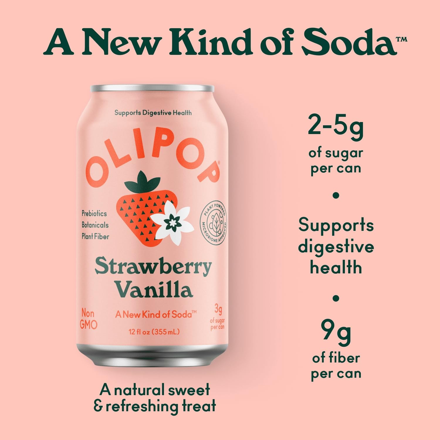 OLIPOP Prebiotic Soda Pop, Strawberry Vanilla, A New Kind of Soda Packed with Prebiotics, Fiber, and Botanicals, Gluten Free, Vegan, GMO Free, 12oz (12-Cans) thumbnail 2