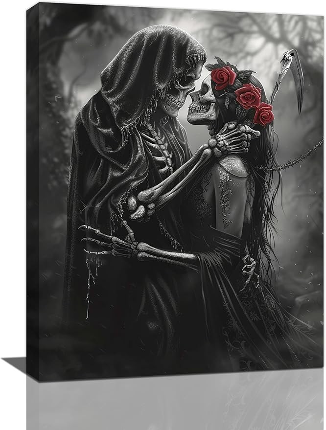 Gothic Skull Wall Art Pictures Goth Skeleton Wall Decor Canvas Painting Home Modern Artwork Decorations Framed for Bathroom Living Room Bedroom Office 12 x 16 inch