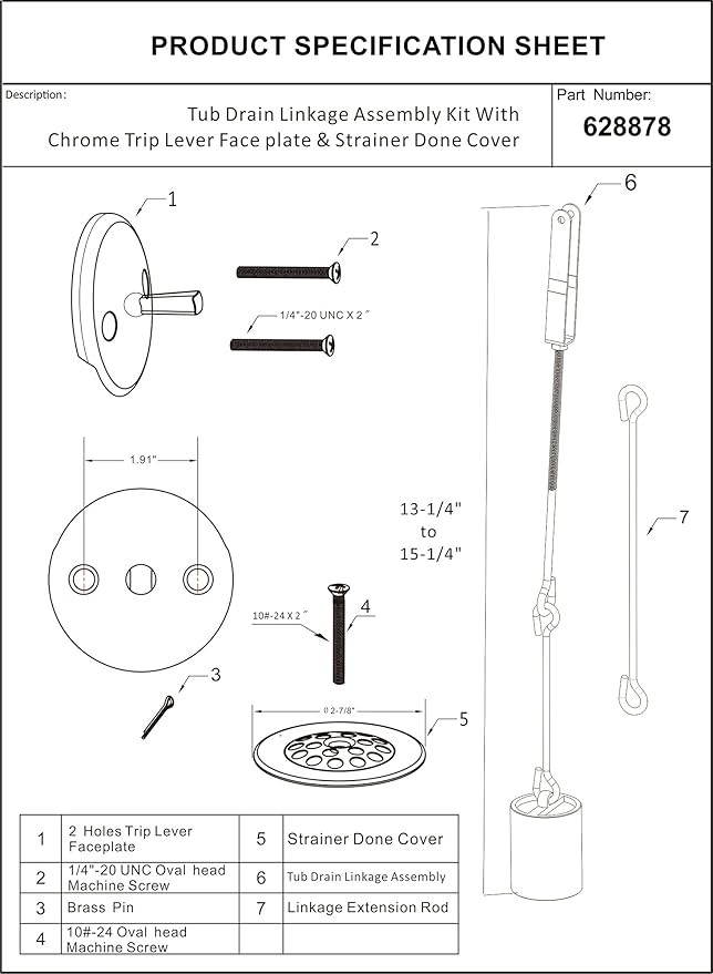 Tub Drain Linkage Assembly with Trip Lever and Strainer Done Cove, Fit for Trip Lever Bath Tub Waste and Overflow Drain by Artiwell thumbnail 5