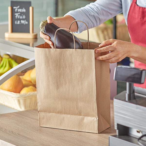 Duro 10" x 5" x 13" Missy Natural Kraft Paper Shopping Bag with Handles - 250/Bundle