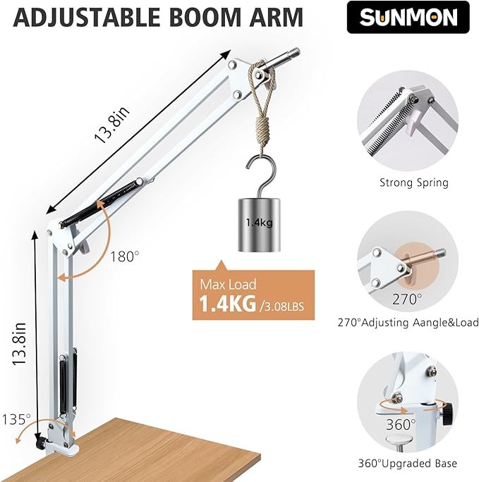 SUNMON White Boom Arm for Fifine AM8 - Mic Boom Arm Compatible with Fifine Microphone, Fifine Mic Boom Arm with 3/8" to 5/8" Screw Adapter Clip, Fifine Microphone Boom Arm with Desk Clamp thumbnail 3