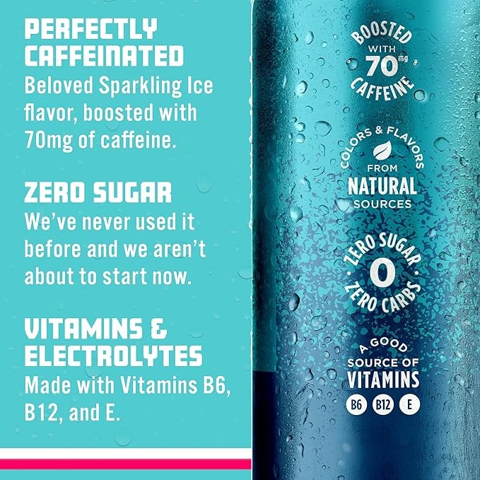 Sparkling Ice Caffeine Blue Raspberry Sparkling Water with Caffeine, Zero Sugar, with Antioxidants and Vitamins,16 fl oz Cans (Pack Of 12) thumbnail 3