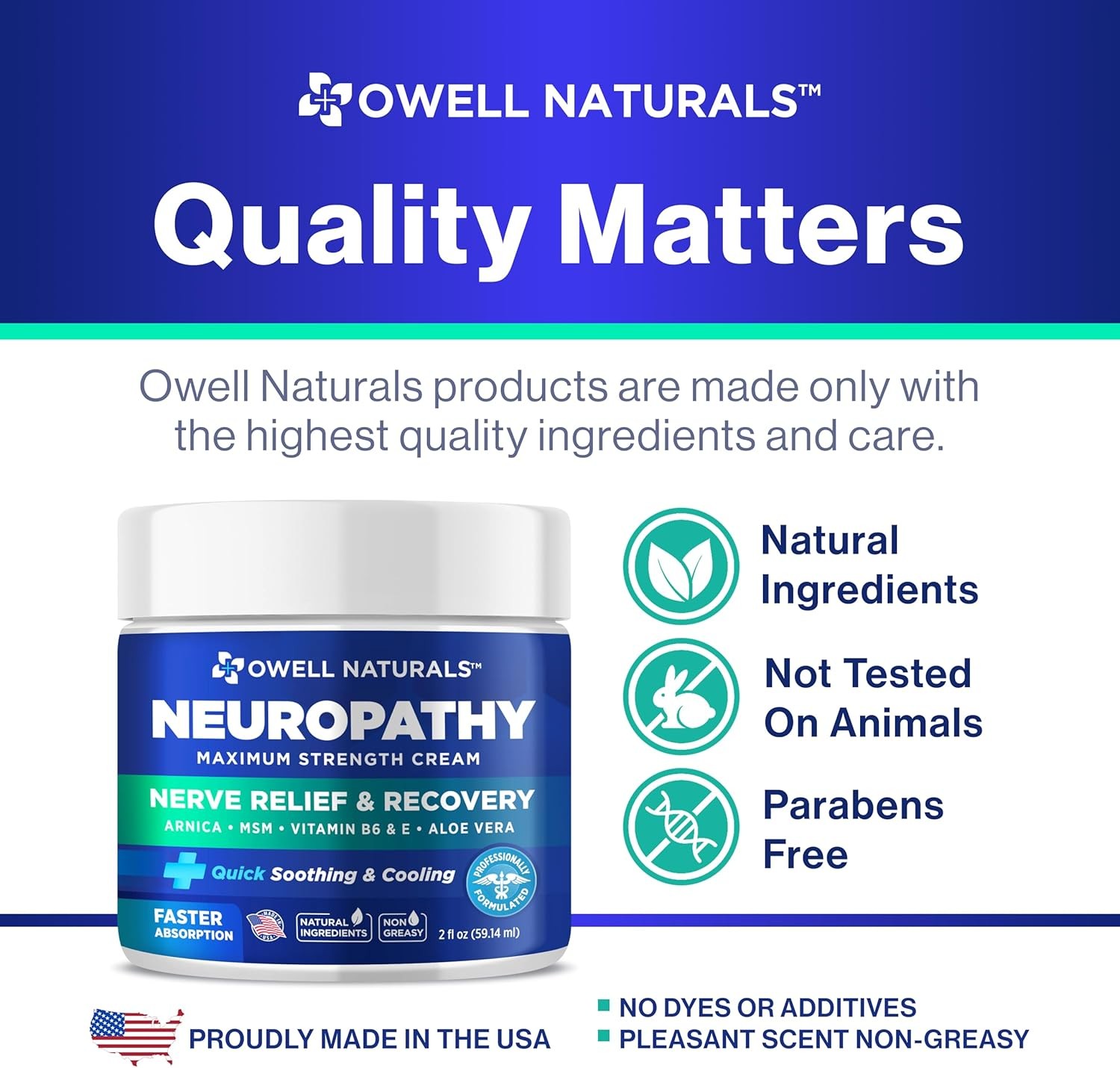 OWELL NATURALS Neuropathy Cream Extra Strength Nerve Relief Cream for Foot, Hands, Legs, Toes with Arnica, Vitamin B6, Aloe Vera, MSM - Made in USA thumbnail 3