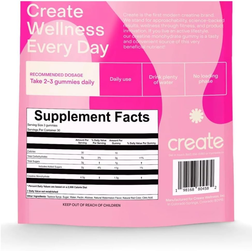Create Creatine Monohydrate Gummies for Men & Women - Boost Focus, Strength, and Endurance, Anti-Melting Formula, Vegan, Gluten-Free, Non-GMO, 1.5 Gram Creatine per Gummy (Watermelon, 90ct) thumbnail 6