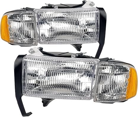 Headlights Assembly compatible with 1994-2001 Dodge Ram 1500,94-02 RAM 2500 3500 (Non-Sport Models) Headlights w/Bulb & Corner Lights, Driver Passenger Side, Chrome Housing Clear Lens