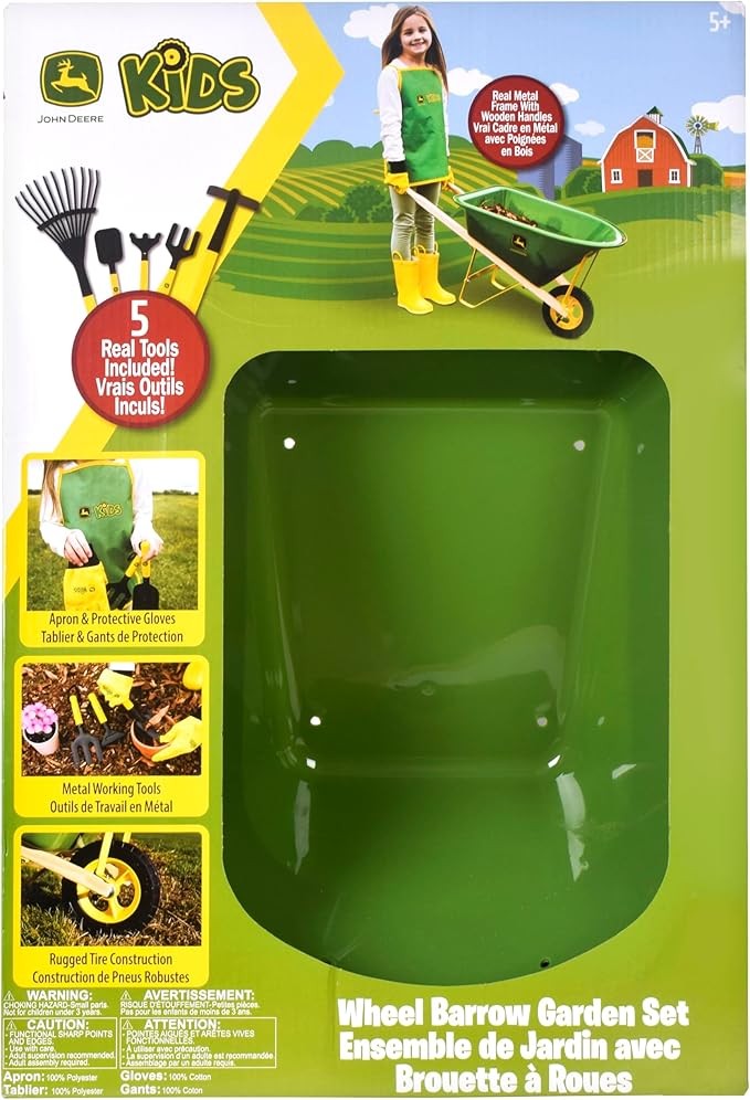 John Deere Deluxe 34" Wheelbarrow and Garden Set Includes 5 Realistic Gardening Tools,Gardening Apron, Gardening Gloves, Large Wheelbarrow, Outdoor Toy Ages 5+ thumbnail 3