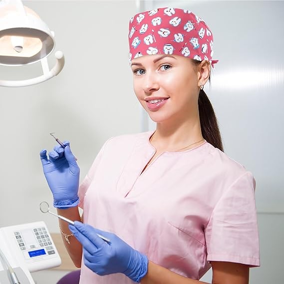Hercicy 12 Pcs Satin Lined Scrub Caps for Women Dental Working Caps with Button and Sweatband Adjustable Dentist Nurse Scrub Unisex Elastic Bandage Tie Back Hats for Women Men Teeth Pattern thumbnail 7