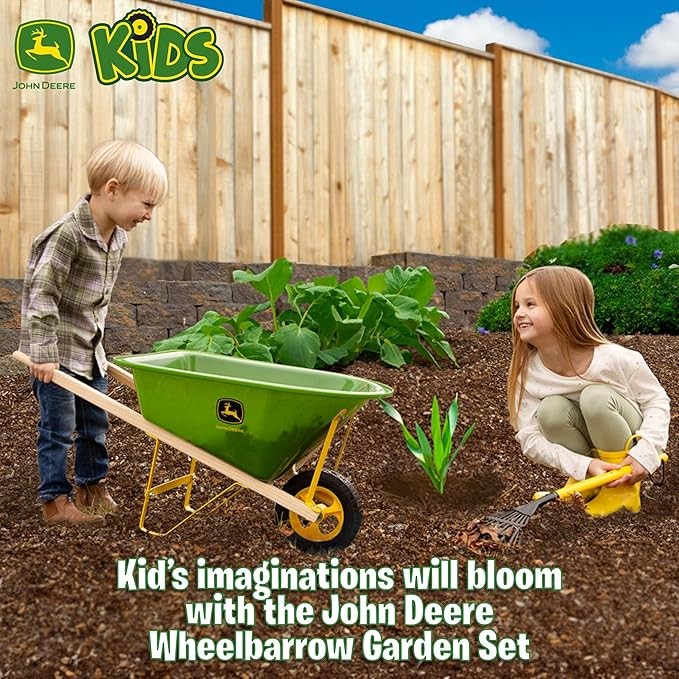John Deere Deluxe 34" Wheelbarrow and Garden Set Includes 5 Realistic Gardening Tools,Gardening Apron, Gardening Gloves, Large Wheelbarrow, Outdoor Toy Ages 5+ thumbnail 2