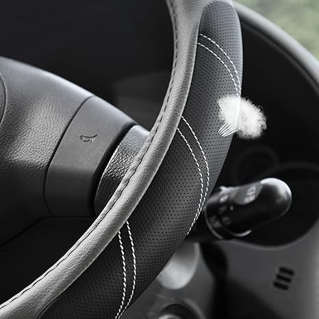 Elantrip Sport Leather Steering Wheel Cover 14 1/2 inch to 15 inch Universal, Padded Soft Grip Breathable for Car Truck SUV Jeep, Anti Slip Odorless Black and Gray thumbnail 2