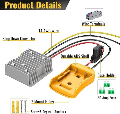 2 Pack 20V to 12V Step Down Converter Compatible with DeWalt 20V Power Wheel Battery Adapter, DC 12V 20A 240W Buck Converter Regulator 30A Fuse & Wire Terminal thumbnail 2