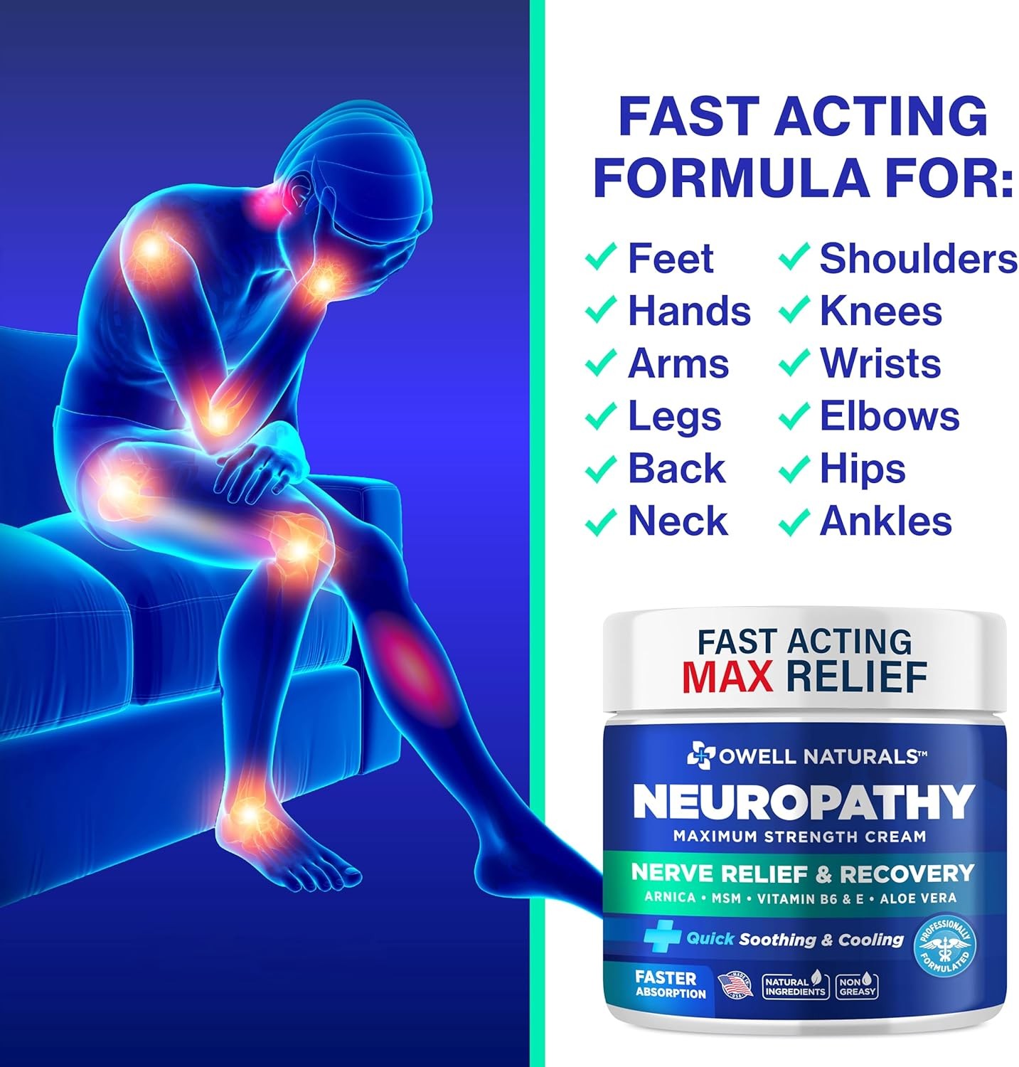 OWELL NATURALS Neuropathy Cream Extra Strength Nerve Relief Cream for Foot, Hands, Legs, Toes with Arnica, Vitamin B6, Aloe Vera, MSM - Made in USA thumbnail 7