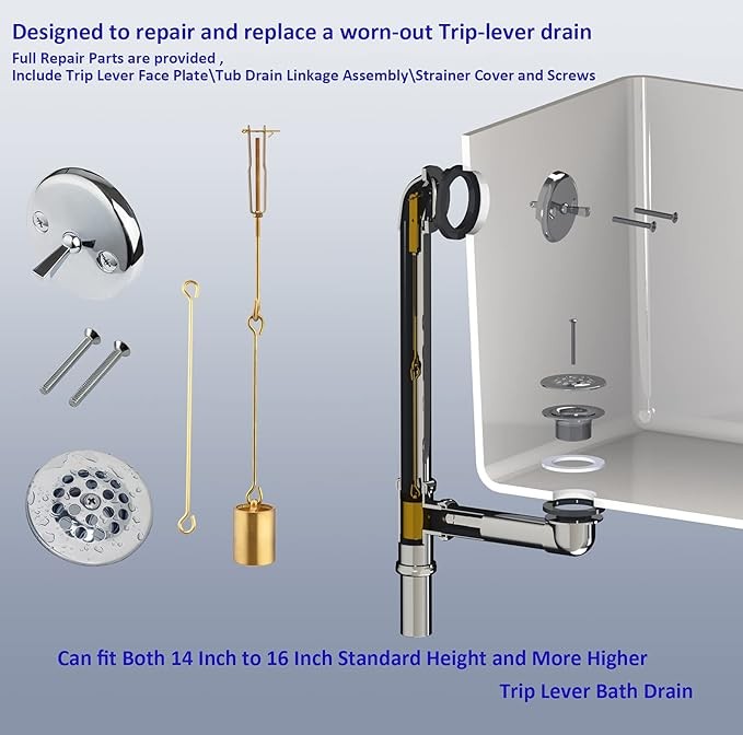 Tub Drain Linkage Assembly with Trip Lever and Strainer Done Cove, Fit for Trip Lever Bath Tub Waste and Overflow Drain by Artiwell thumbnail 4
