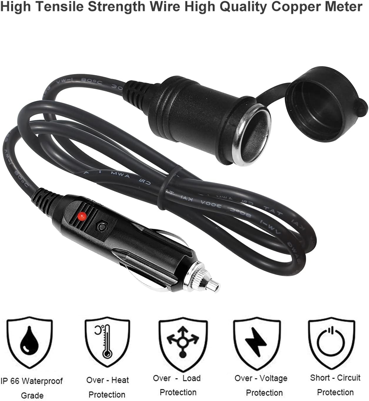 12V Cigarette Lighter Extension Cord 3FT -Car Charger Cigar Lighter Male Plug to Female Socket 18AWG Heavy Duty Extension Cable with LED Lights Extender for Air Compressor Pump and Tire Inflator 15A thumbnail 2