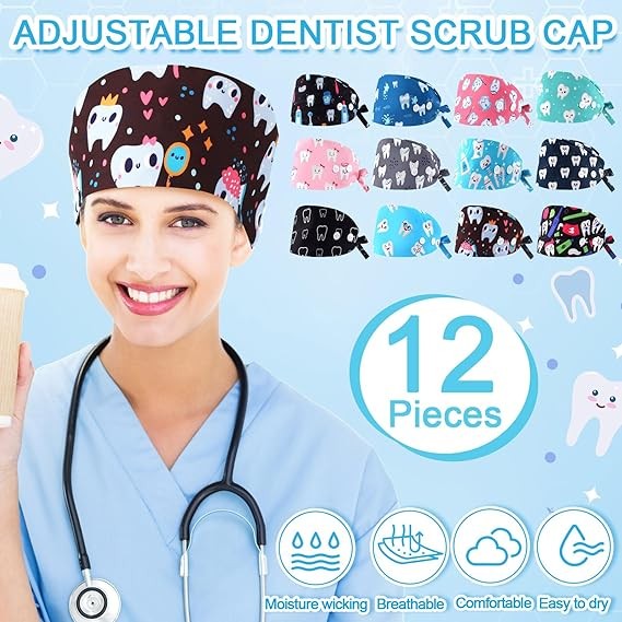 Hercicy 12 Pcs Satin Lined Scrub Caps for Women Dental Working Caps with Button and Sweatband Adjustable Dentist Nurse Scrub Unisex Elastic Bandage Tie Back Hats for Women Men Teeth Pattern thumbnail 3