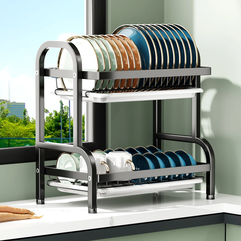 2-Tier Dish Drying Rack With Drain Board, Kitchen Counter With Cutlery & Cup Holder & Drainboard Black thumbnail 2