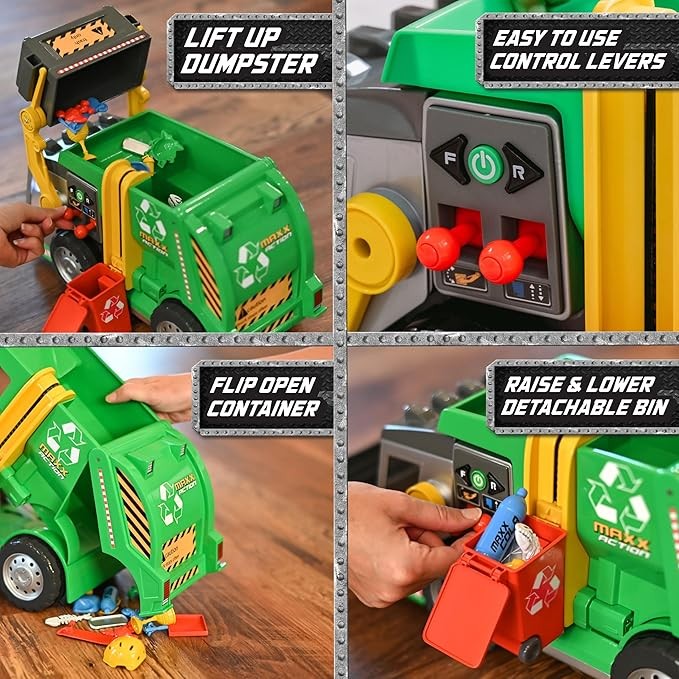Large Motorized 19" Maxx Action Garbage Truck Toy Set with Lights and Sound Includes Dumpster, Trash Bin and Miniature Trash Pieces for Kids thumbnail 3