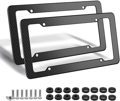 Black Carbon Fiber License Plate Frame, 2 Pack Glossy Waterproof Plastic Number Plate Frame Print Carbon Fiber Pattern for Man and Women (with Fasteners and Screws)