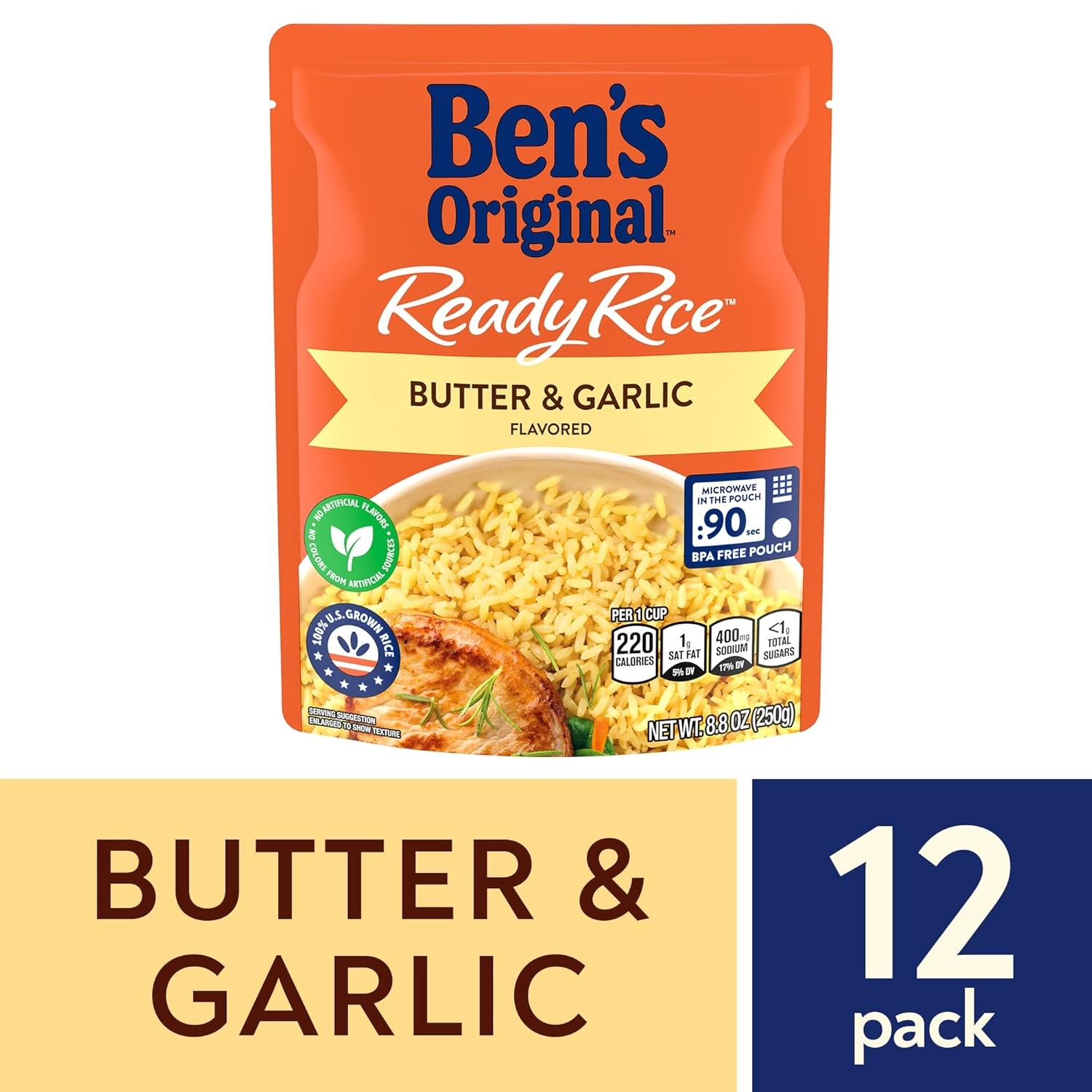 BEN'S ORIGINAL Ready Rice Butter and Garlic Flavored Rice, Easy Dinner Side, 8.8 oz Pouch (Pack of 12) thumbnail 3