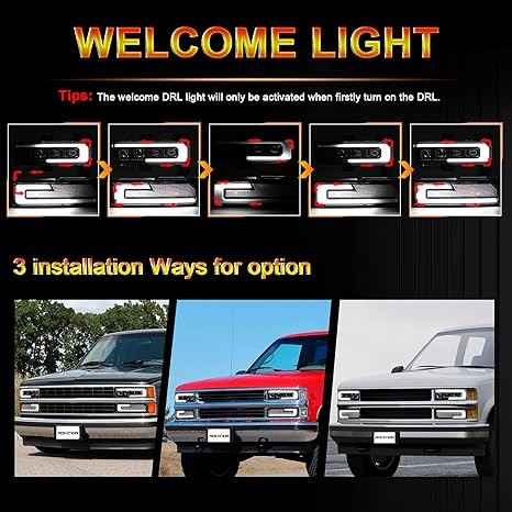 LED Headlight Assembly 500% Bright Anti-glare Headlights with Welcome DRL Turn Signal Compatible with 1988-1998 Chevy GMC C/K 1500 2500 3500 Suburban Silverado Tahoe Yukon thumbnail 2