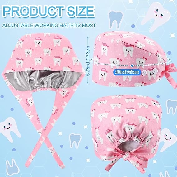 Hercicy 12 Pcs Satin Lined Scrub Caps for Women Dental Working Caps with Button and Sweatband Adjustable Dentist Nurse Scrub Unisex Elastic Bandage Tie Back Hats for Women Men Teeth Pattern thumbnail 6