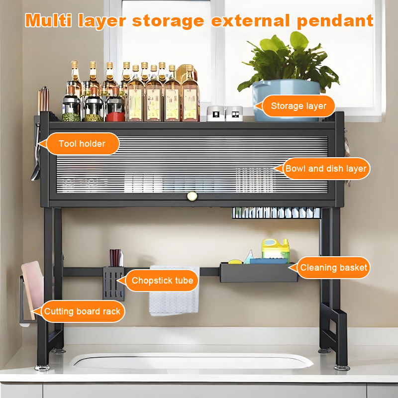 Dustproof Kitchen Organizer Rack, Kitchen Storage Cabinet, Dish Draining Dustproof Rack, Chopstick Holder, Dish and Sink Rack XL 2-tier thumbnail 6