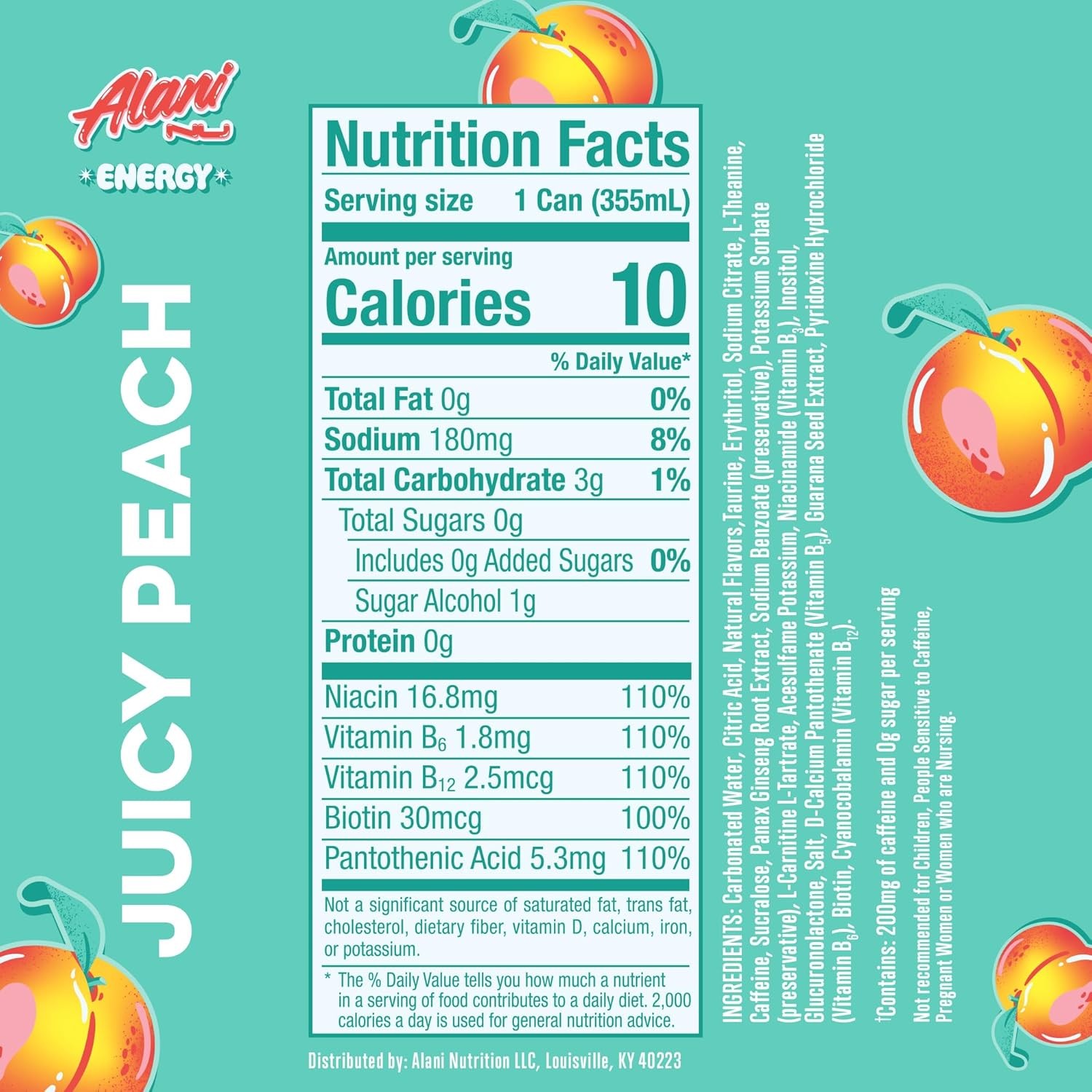 Alani Nu JUICY PEACH Sugar Free, Low Calorie Energy Drinks | 200mg Caffeine | Biotin B Vitamins | Zero Sugar | 10 Calories | 12 Fl Oz Cans | 12 Pack thumbnail 2