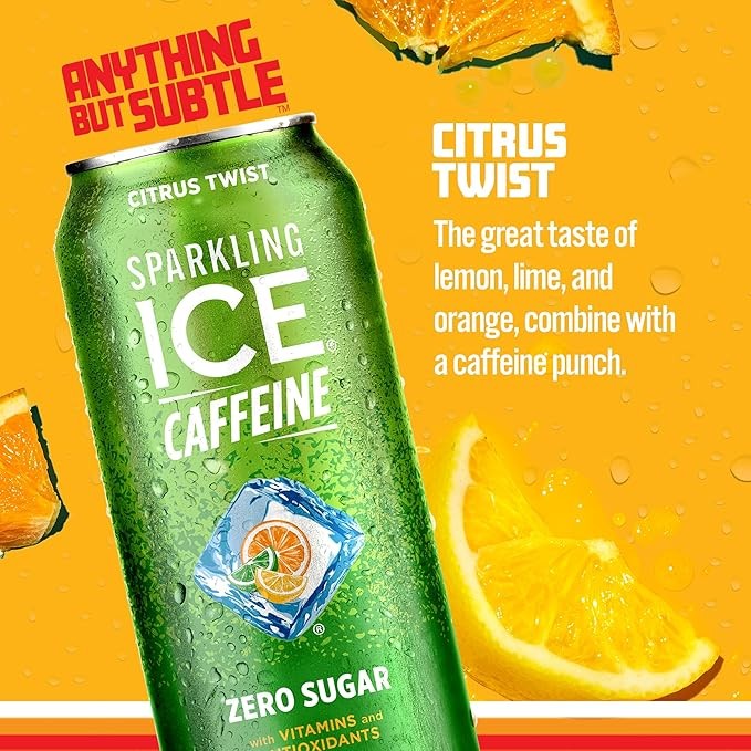 Sparkling Ice Caffeine Citrus Twist Sparkling Water with Caffeine, Zero Sugar, with Antioxidants and Vitamins,16 fl oz Cans (Pack Of 12) thumbnail 3