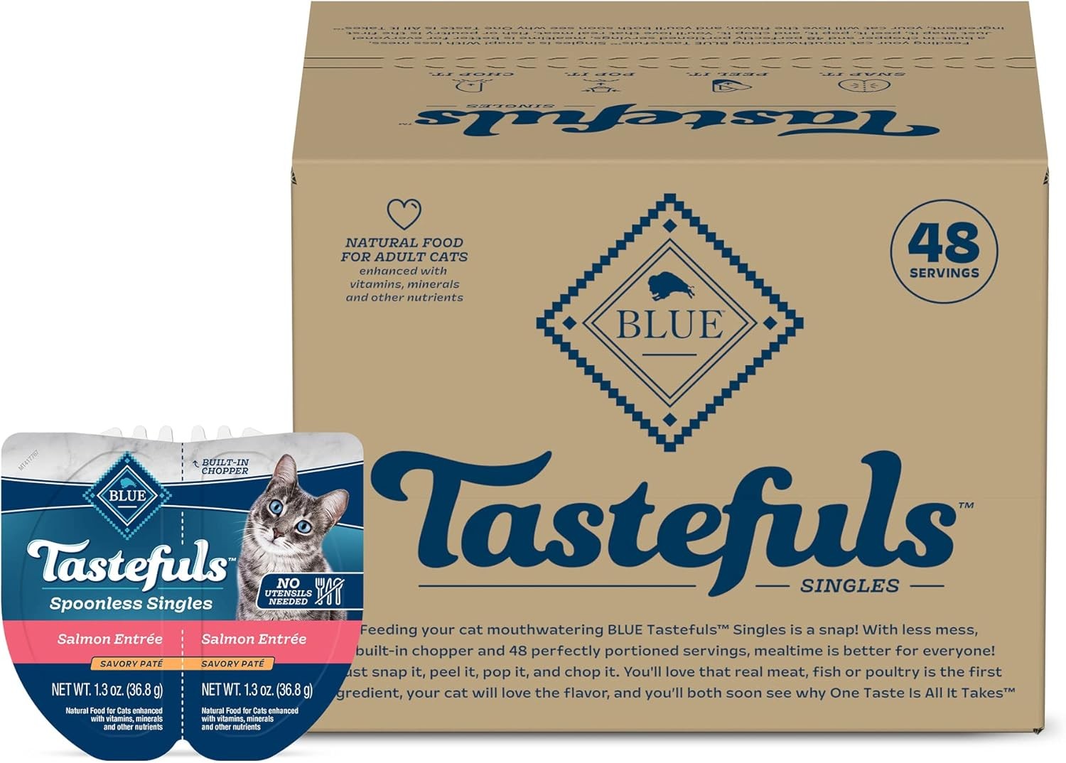Blue Buffalo Tastefuls Spoonless Singles Natural Wet Cat Food PatÃ©, 2.6-oz Twin-Pack Trays, Salmon EntreÃ© (24 Count)