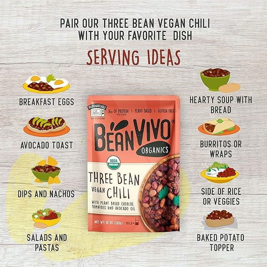 BeanVIVO Organics Three Bean Vegan Chili - Good Source of Fiber - Nutritious & Microwave Meals - Gluten-Free Plant Food - 10 oz Pouch thumbnail 6