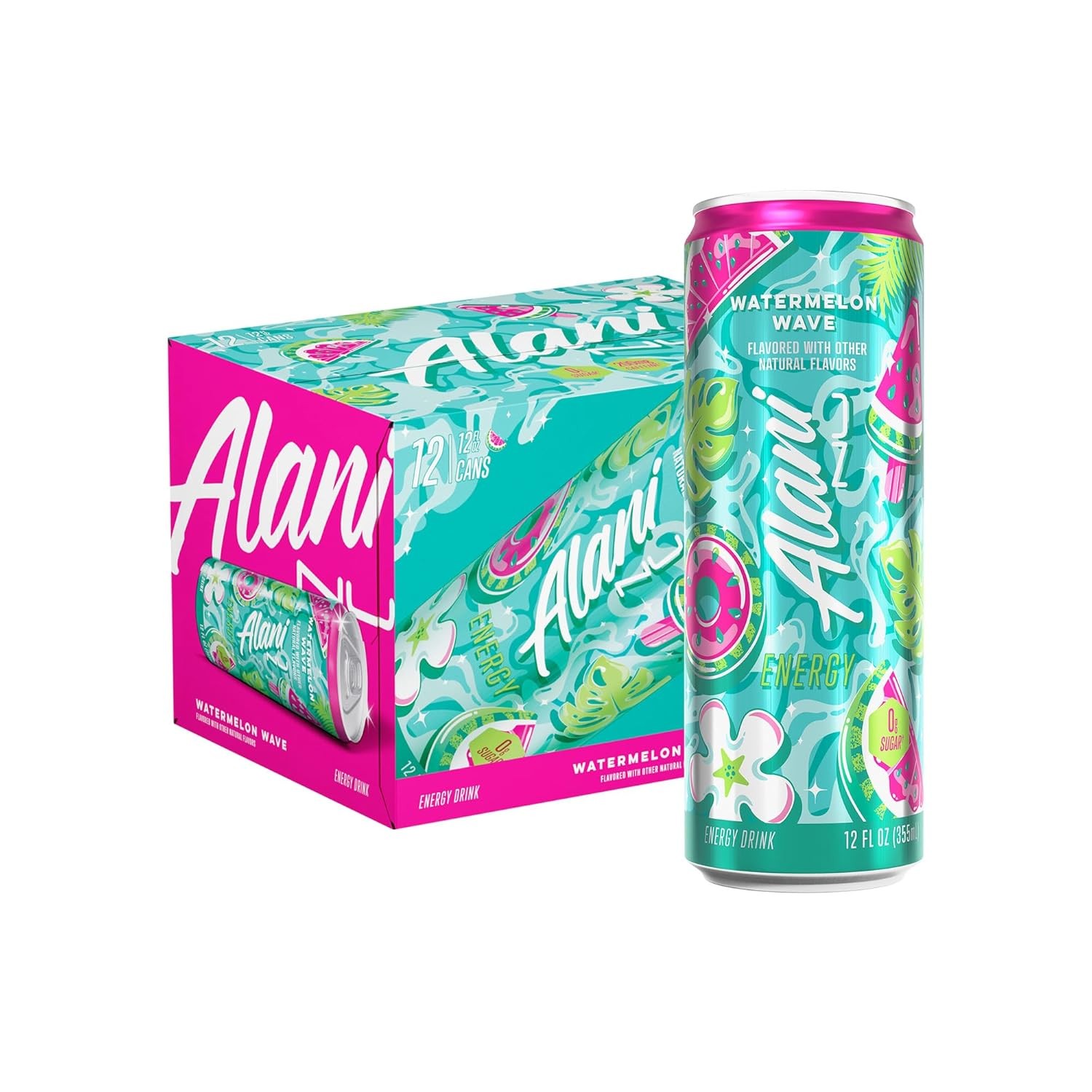 Alani Nu WATERMELON WAVE Sugar Free, Low Calorie Energy Drinks | 200mg Caffeine | Biotin B Vitamins | Zero Sugar | 10 Calories | 12 Fl Oz Cans | 12 Pack