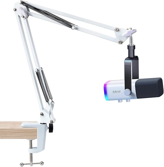 SUNMON White Boom Arm for Fifine AM8 - Mic Boom Arm Compatible with Fifine Microphone, Fifine Mic Boom Arm with 3/8" to 5/8" Screw Adapter Clip, Fifine Microphone Boom Arm with Desk Clamp