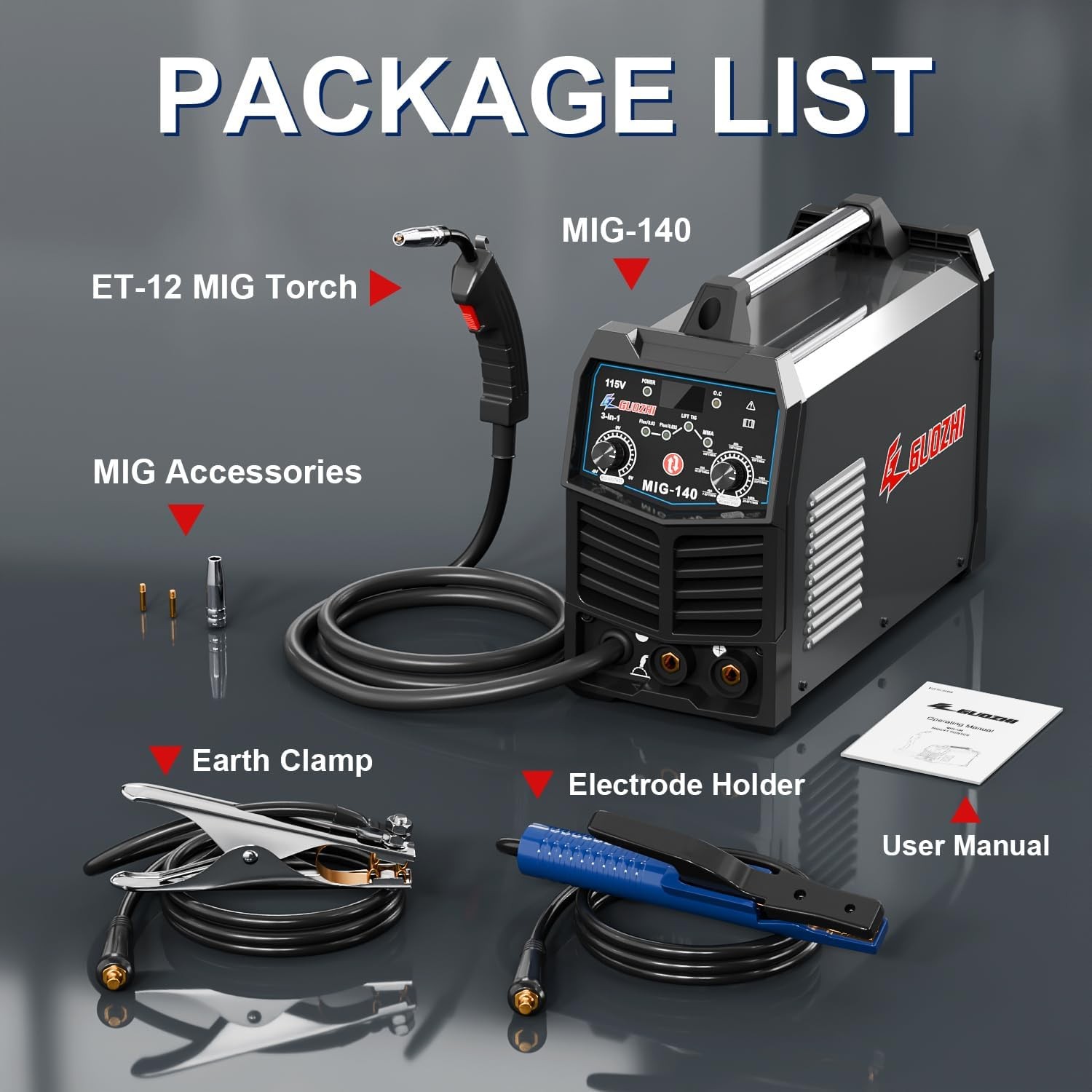 GZ GUOZHI 140A MIG Welder, 3 in 1 Welder FLUX MIG/ARC/Lift TIG Multi-Process Mig Welder, 110V Welding Machine, Welder Machine 110v Flux Core Welder with Welding Gun thumbnail 3