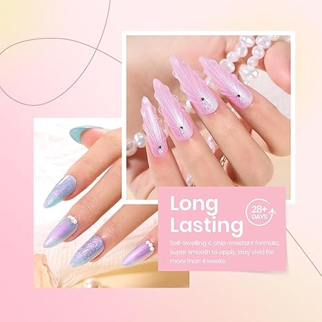 Beetles Pearl Gel Nail Polish, 6 Colors Shimmer Pearl White Pink Purple Mermaid Nail Drawing Gel Polish Soak Off Uv Gel Polish Swirl Shell Thread Effect DIY Manicure Gift for Women thumbnail 5