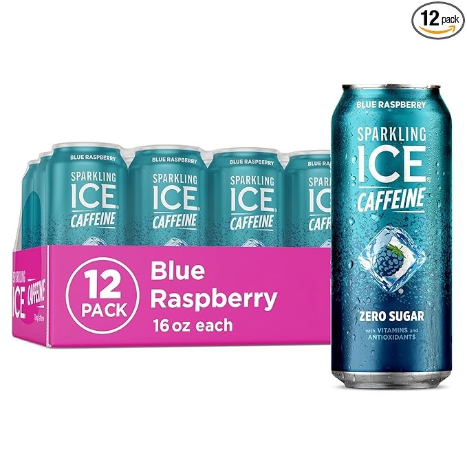 Sparkling Ice Caffeine Blue Raspberry Sparkling Water with Caffeine, Zero Sugar, with Antioxidants and Vitamins,16 fl oz Cans (Pack Of 12)