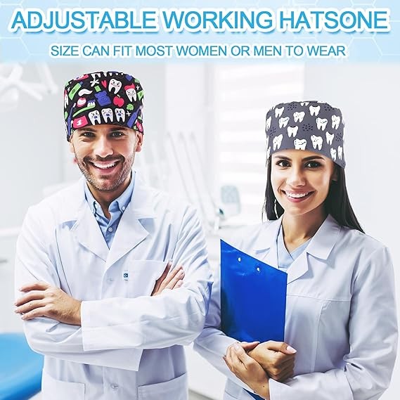Hercicy 12 Pcs Satin Lined Scrub Caps for Women Dental Working Caps with Button and Sweatband Adjustable Dentist Nurse Scrub Unisex Elastic Bandage Tie Back Hats for Women Men Teeth Pattern thumbnail 2