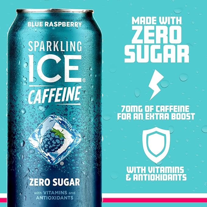 Sparkling Ice Caffeine Blue Raspberry Sparkling Water with Caffeine, Zero Sugar, with Antioxidants and Vitamins,16 fl oz Cans (Pack Of 12) thumbnail 2