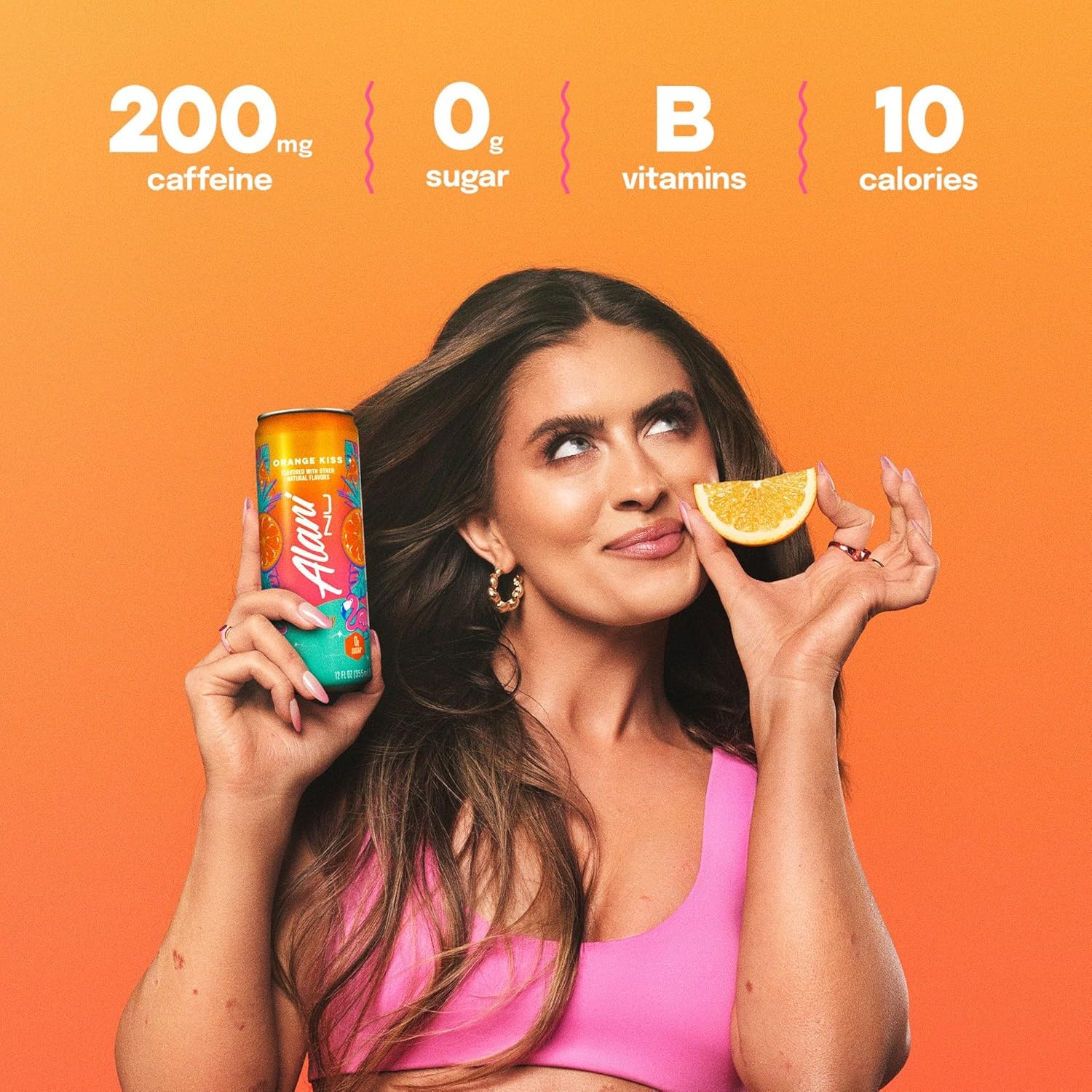 Alani Nu ORANGE KISSSugar Free Low Calorie Energy Drinks | 200mg Caffeine | Biotin B Vitamins | Zero Sugar | 15 Calories | 12 Fl Oz Cans | 12 Pack thumbnail 2