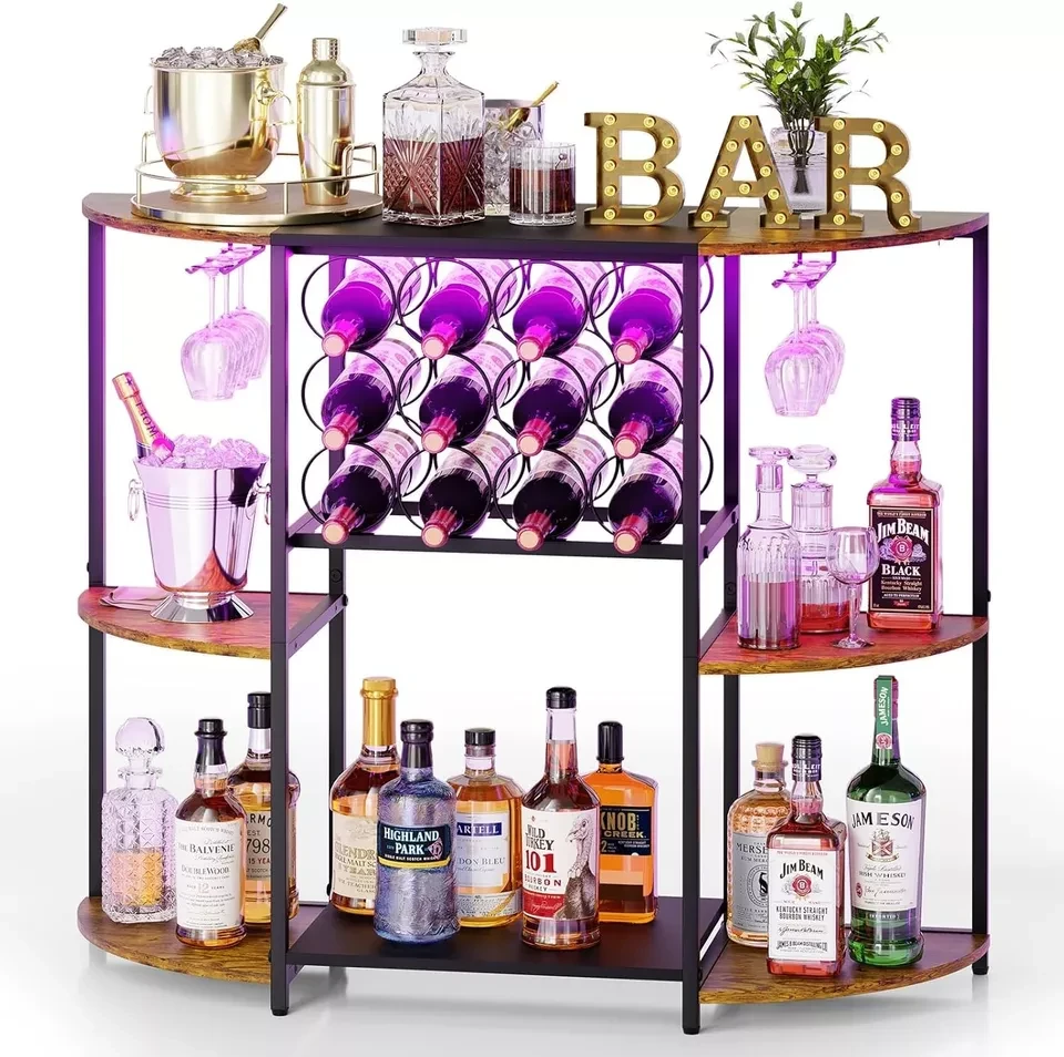 JKsmart Wine Bar Cabinet with LED Lights, Wine Rack with Storage and Glass Ho...