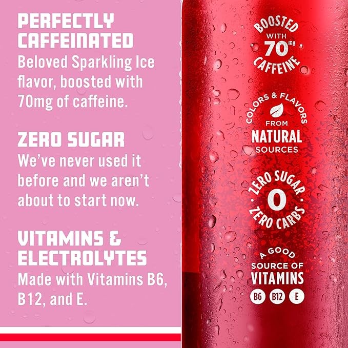 Sparkling Ice Caffeine Cherry Vanilla Sparkling Water with Caffeine, Zero Sugar, with Antioxidants and Vitamins,16 fl oz Cans (Pack Of 12) thumbnail 5