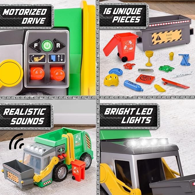Large Motorized 19" Maxx Action Garbage Truck Toy Set with Lights and Sound Includes Dumpster, Trash Bin and Miniature Trash Pieces for Kids thumbnail 2