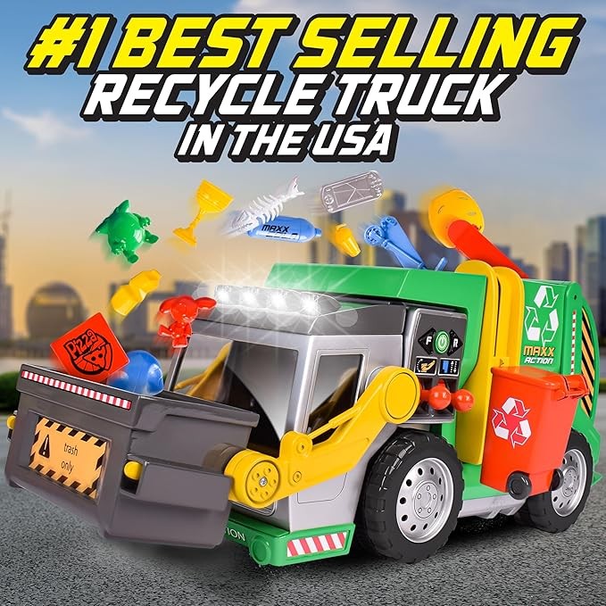Large Motorized 19" Maxx Action Garbage Truck Toy Set with Lights and Sound Includes Dumpster, Trash Bin and Miniature Trash Pieces for Kids thumbnail 5