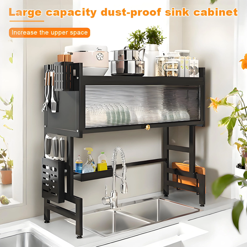 Dustproof Kitchen Organizer Rack, Kitchen Storage Cabinet, Dish Draining Dustproof Rack, Chopstick Holder, Dish and Sink Rack XL 2-tier