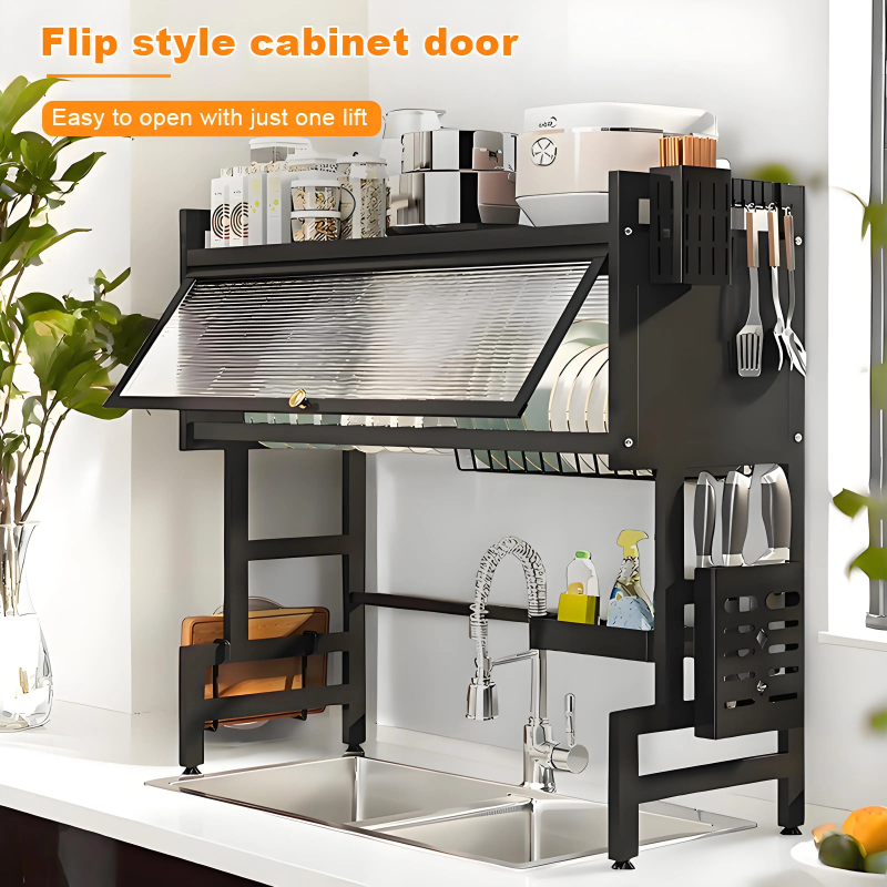 Dustproof Kitchen Organizer Rack, Kitchen Storage Cabinet, Dish Draining Dustproof Rack, Chopstick Holder, Dish and Sink Rack XL 2-tier thumbnail 5