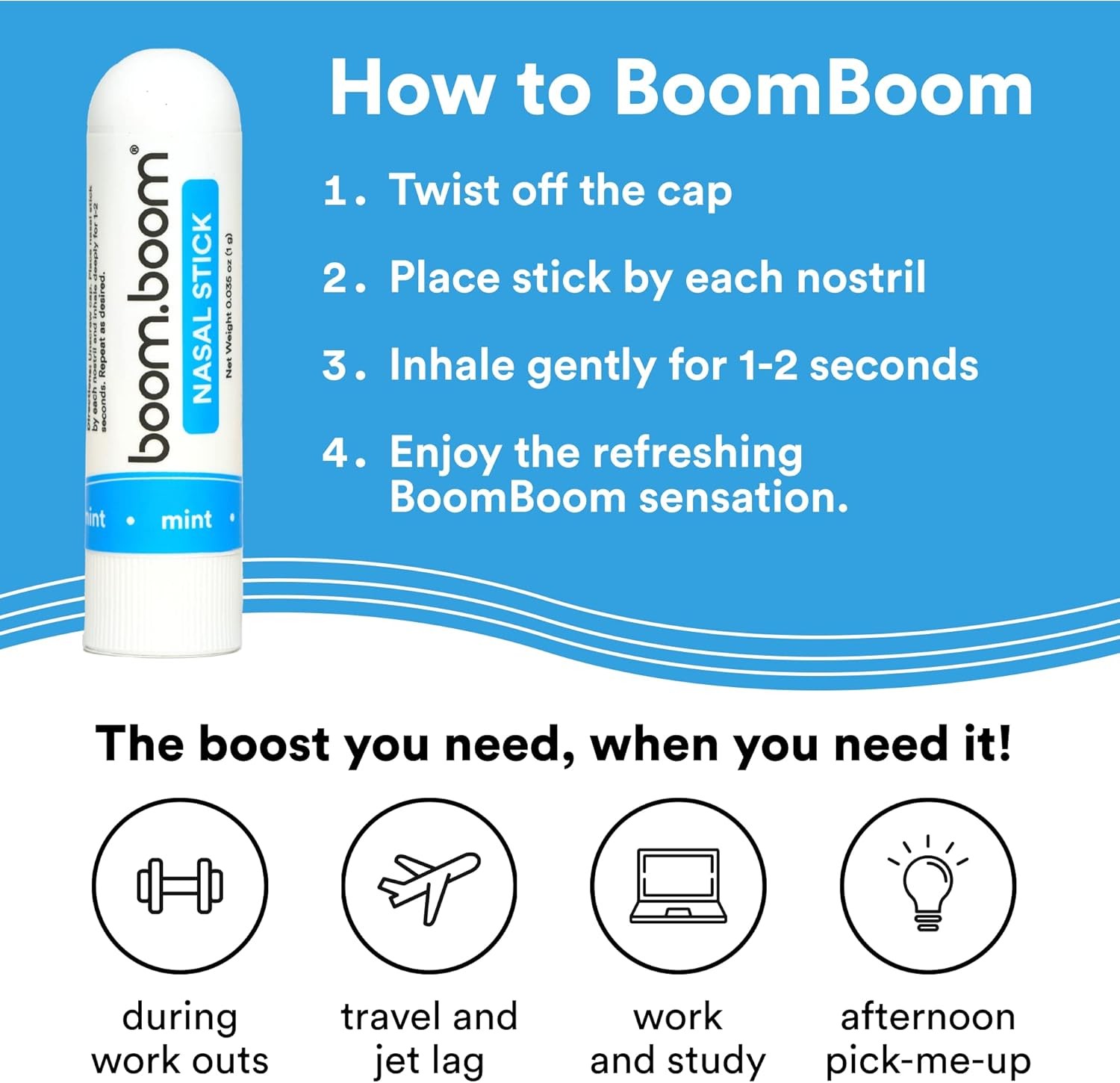 BoomBoom Nasal Stick (4 Pack) | Vapor Flow Technology | Better Breathing + Natural Focus | Cool Refreshing Sensation | Premium Essential Oils + Menthol Inhaler (Mint, Wintermint, Tropical, Lavender) thumbnail 3