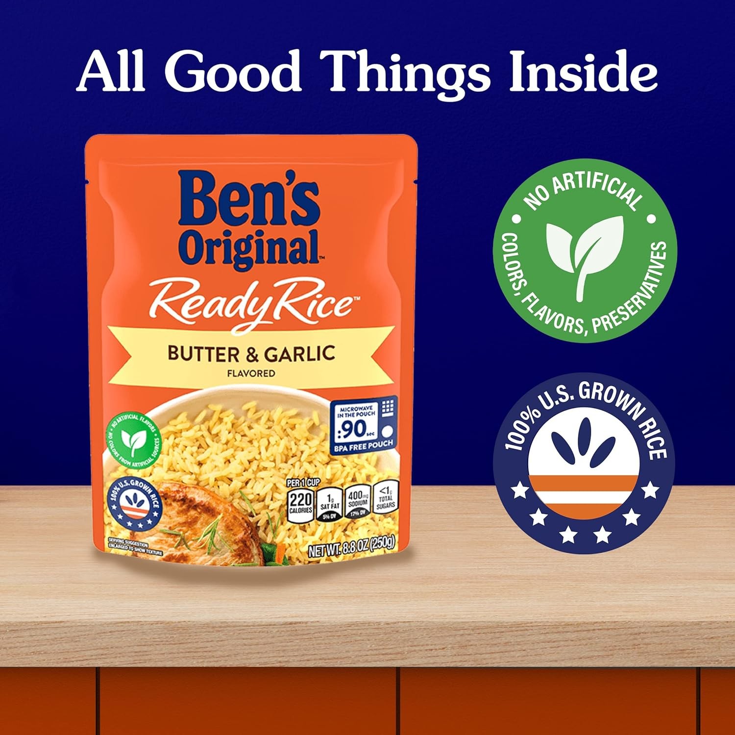BEN'S ORIGINAL Ready Rice Butter and Garlic Flavored Rice, Easy Dinner Side, 8.8 oz Pouch (Pack of 12) thumbnail 2