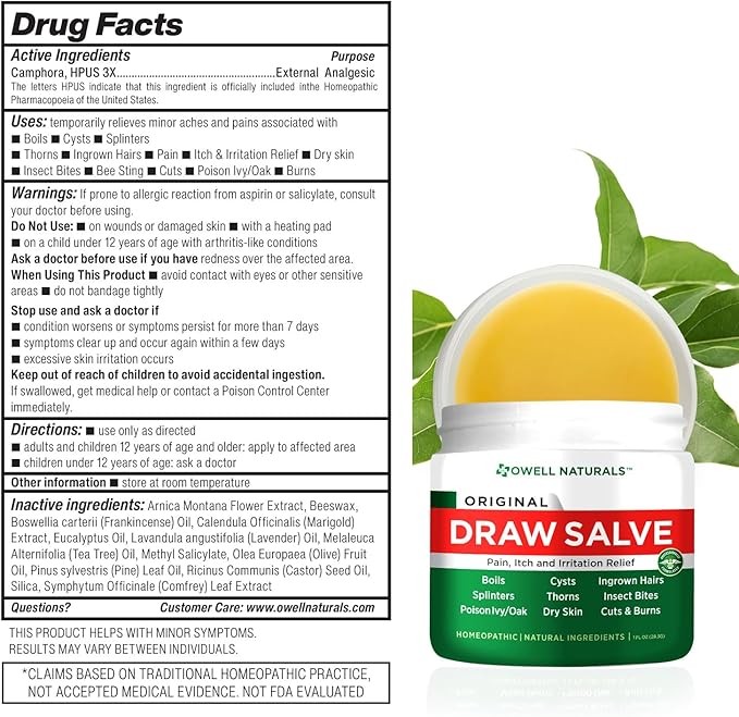 OWELL Naturals Drawing Salve Ointment 1oz, ingrown Hair, Boil, Splinter Remover, Bug Spider Bites, bee Sting, Mosquito bite Itch, Poison Ivy thumbnail 4